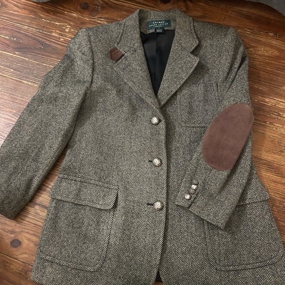 Lauren Ralph Lauren Petite Sz 12 Lambs Wool Logo Tweed Blazer Suede Patches - Picture 1 of 16